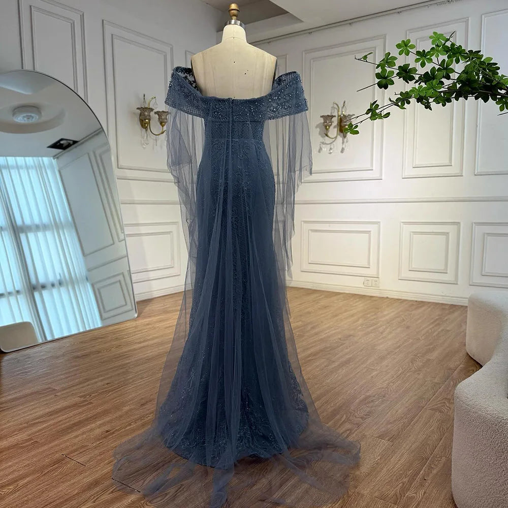 Luxury Blue Lace Off Shoulder Evening Dress for Women LA73125 - SERENE HILL