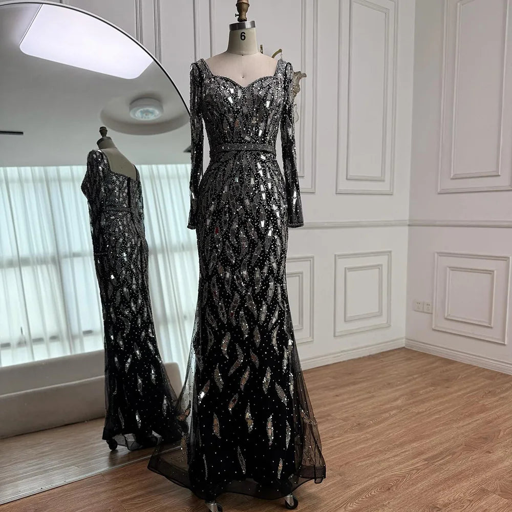 Luxury Black Silver Sequin Long Sleeve Mermaid Evening Dress LA73113 - SERENE HILL