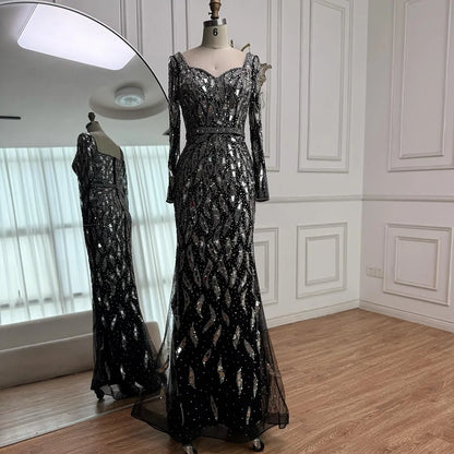 Luxury Black Silver Sequin Long Sleeve Mermaid Evening Dress LA73113 - SERENE HILL