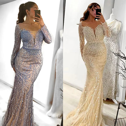 Luxury Dubai White Nude Mermaid Evening Dress With Long Sleeve LA72634 - SERENE HILL