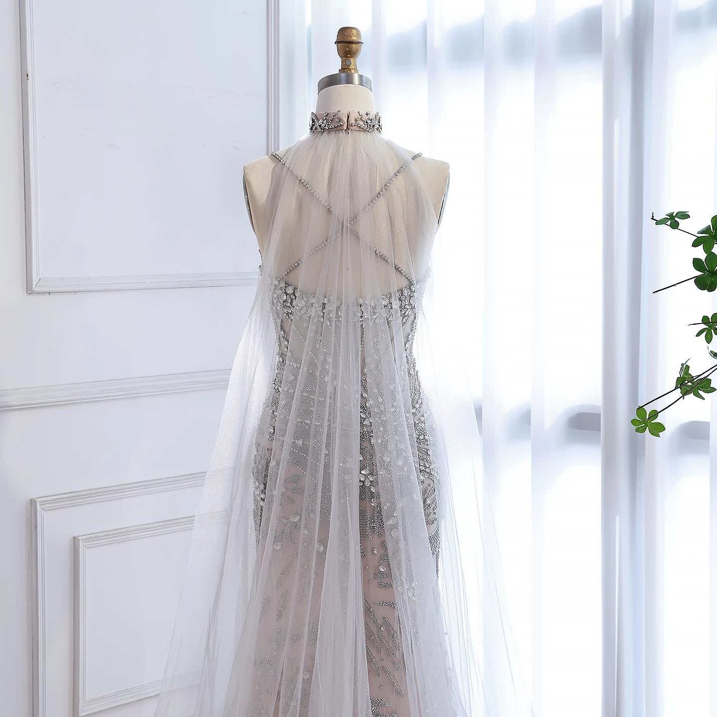 Luxury Evening Dress Grey Beaded With Cape Prom Gown LA73342 - SERENE HILL