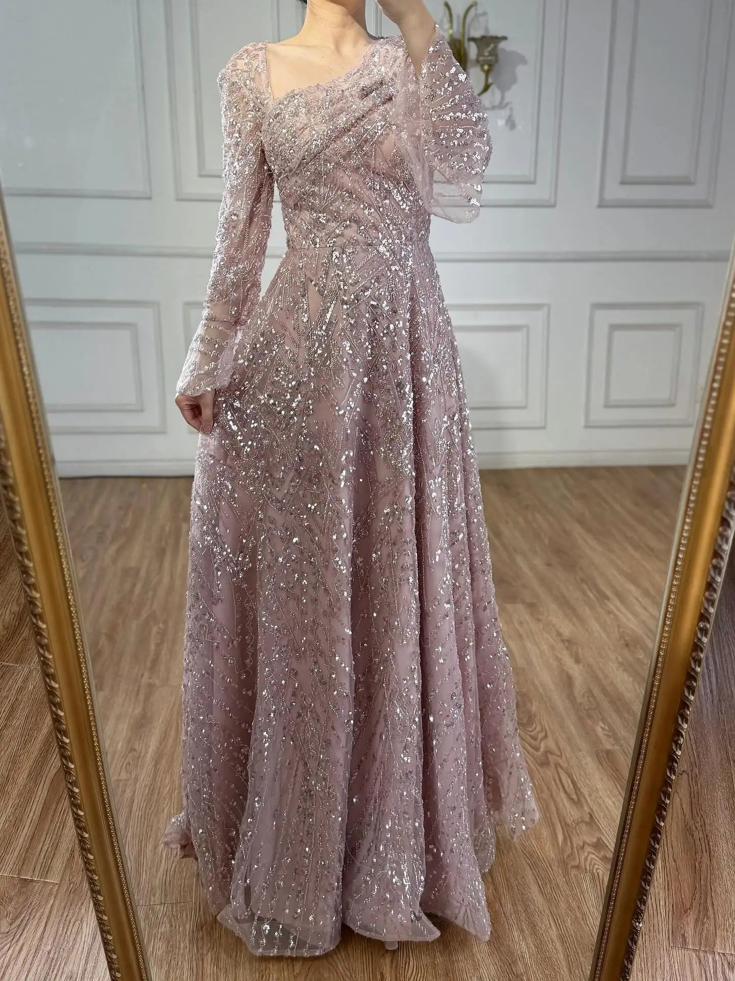 Luxury Turquoise Beaded A-Line Evening Dress with Puffy Sleeves LA73177 - SERENE HILL