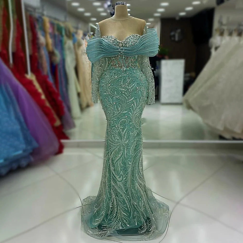 Luxury Blue Designer Evening Dress with Long Sleeves Overskirt LA72841 - SERENE HILL