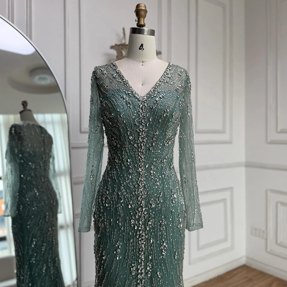 Luxury Turquoise Crystal Beaded Evening Dress Elegant Slit Gown LA73179 - SERENE HILL