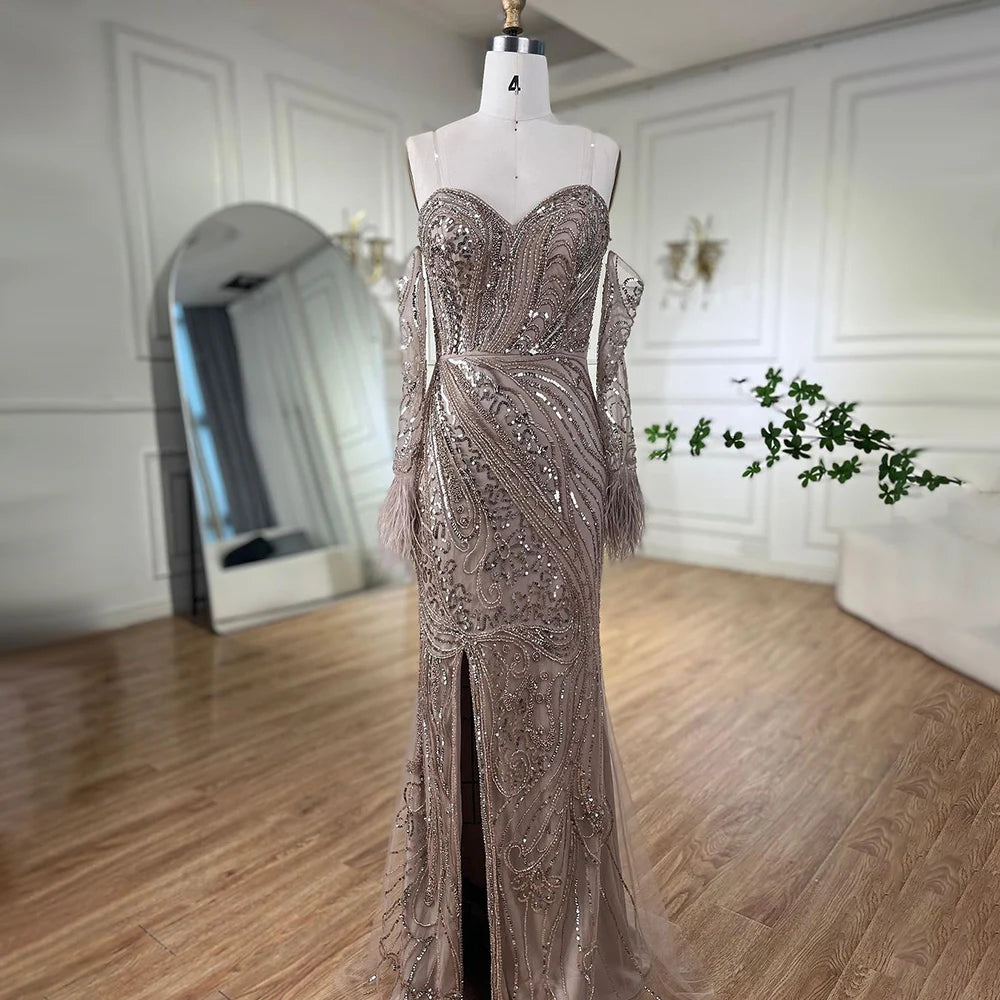 Luxury Arabic Nude Mermaid High Split Feather Beaded Evening Dress LA71910 - SERENE HILL