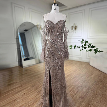 Luxury Arabic Nude Mermaid High Split Feather Beaded Evening Dress LA71910 - SERENE HILL