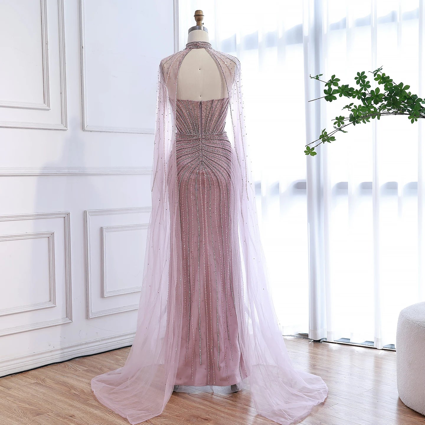 Luxury Dubai Caramel Beaded Evening Dress With Cape LA72811C - SERENE HILL