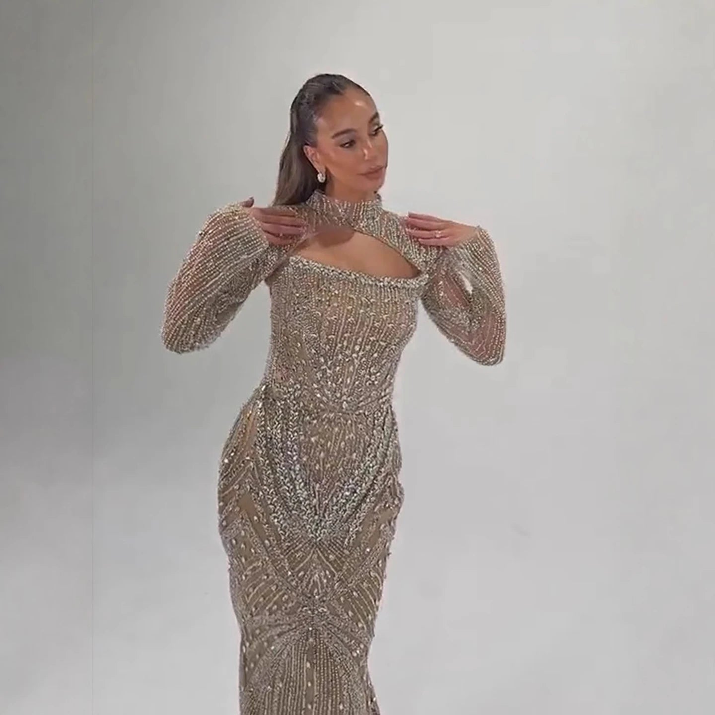 Luxury Arabic Nude Crystal Beaded Mermaid Evening Dress with Jacket LA73376 - SERENE HILL