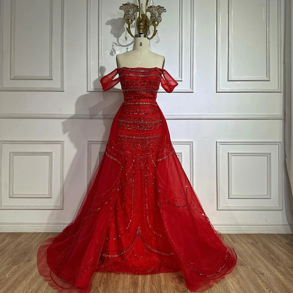 Luxury Pink Mermaid Beaded Evening Gown with Detachable Satin Overskirt LA72781 - SERENE HILL