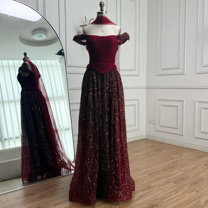 Luxury Arabic Pink Pearls Beaded Evening Dress With Cape LA72922 - SERENE HILL