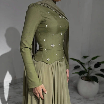 Luxury Olive Green Beaded Evening Dress with Cape LA73217 - SERENE HILL