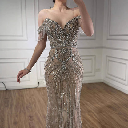 Luxury Pink Crystal Tassel Off Shoulder Evening Dress Dubai LA73204 - SERENE HILL
