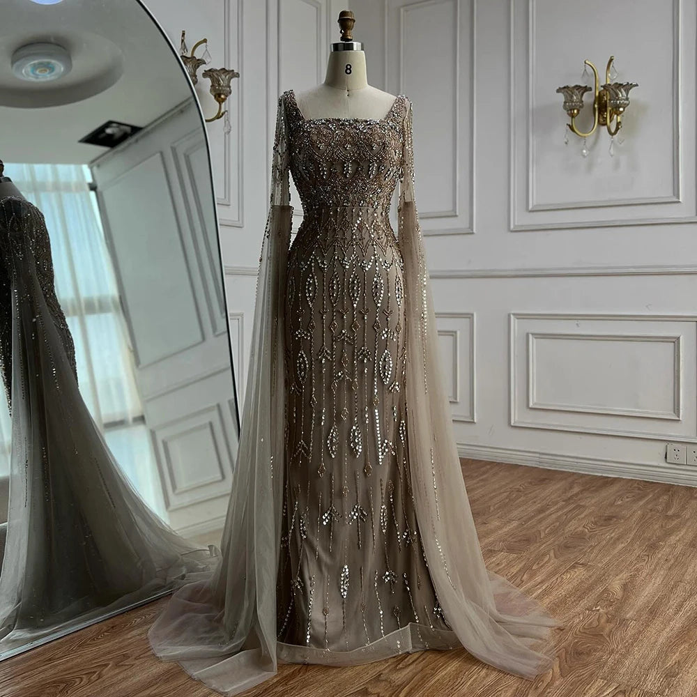 Luxury Modest Caramel Evening Dress with Sleeves Cape LA72966 - SERENE HILL