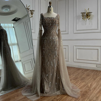 Luxury Modest Caramel Evening Dress with Sleeves Cape LA72966 - SERENE HILL