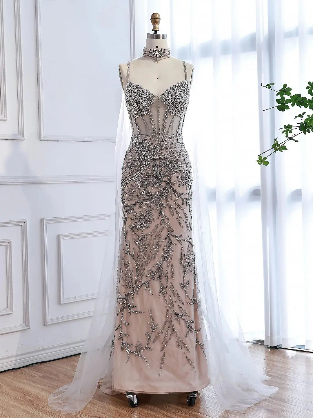 Luxury Evening Dress Grey Beaded With Cape Prom Gown LA73342 Grey / 16