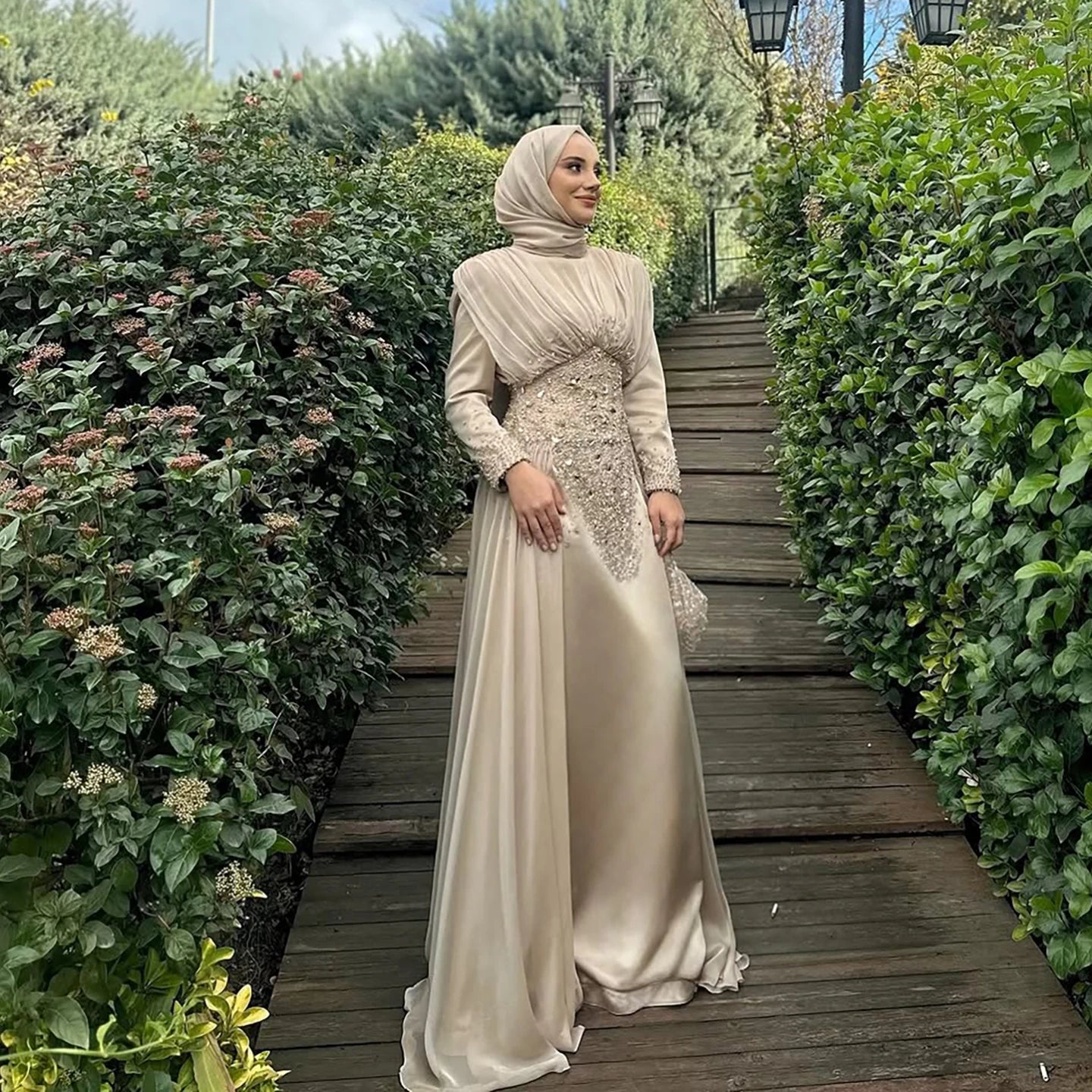 Luxury Caramel Crystal Beaded Mermaid Muslim Evening Dress LA73427 - SERENE HILL