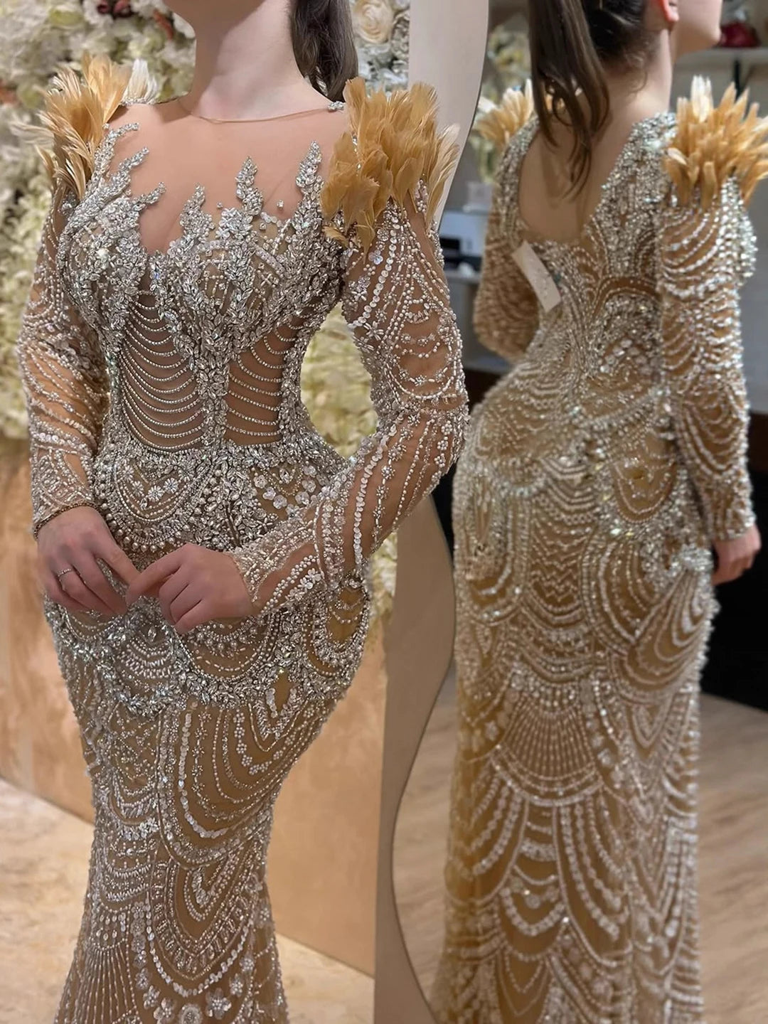 Luxury Nude Beaded Feather Long Sleeve Mermaid Evening Dress LA73348 - SERENE HILL