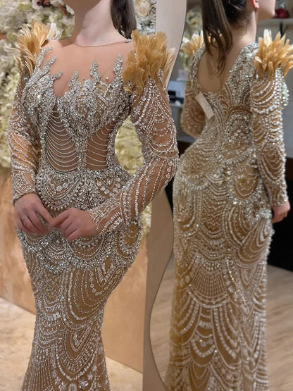 Luxury Nude Beaded Feather Long Sleeve Mermaid Evening Dress LA73348 - SERENE HILL