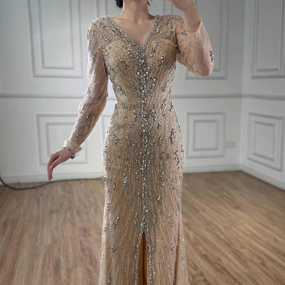 Luxury Turquoise Crystal Beaded Evening Dress Elegant Slit Gown LA73179 - SERENE HILL