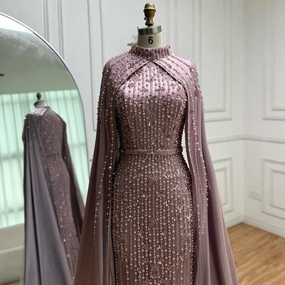 Modest Blue Muslim Beaded Evening Gown with Cape Sleeves LA72533 - SERENE HILL