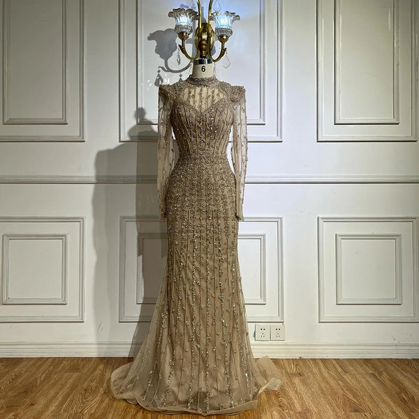 Modest Caramel Mermaid Evening Dress With Long Sleeve LA72826A