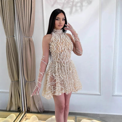 Arabic Nude Pearl Beaded High Neck Short Party Dress with Gloves LA72345D - SERENE HILL
