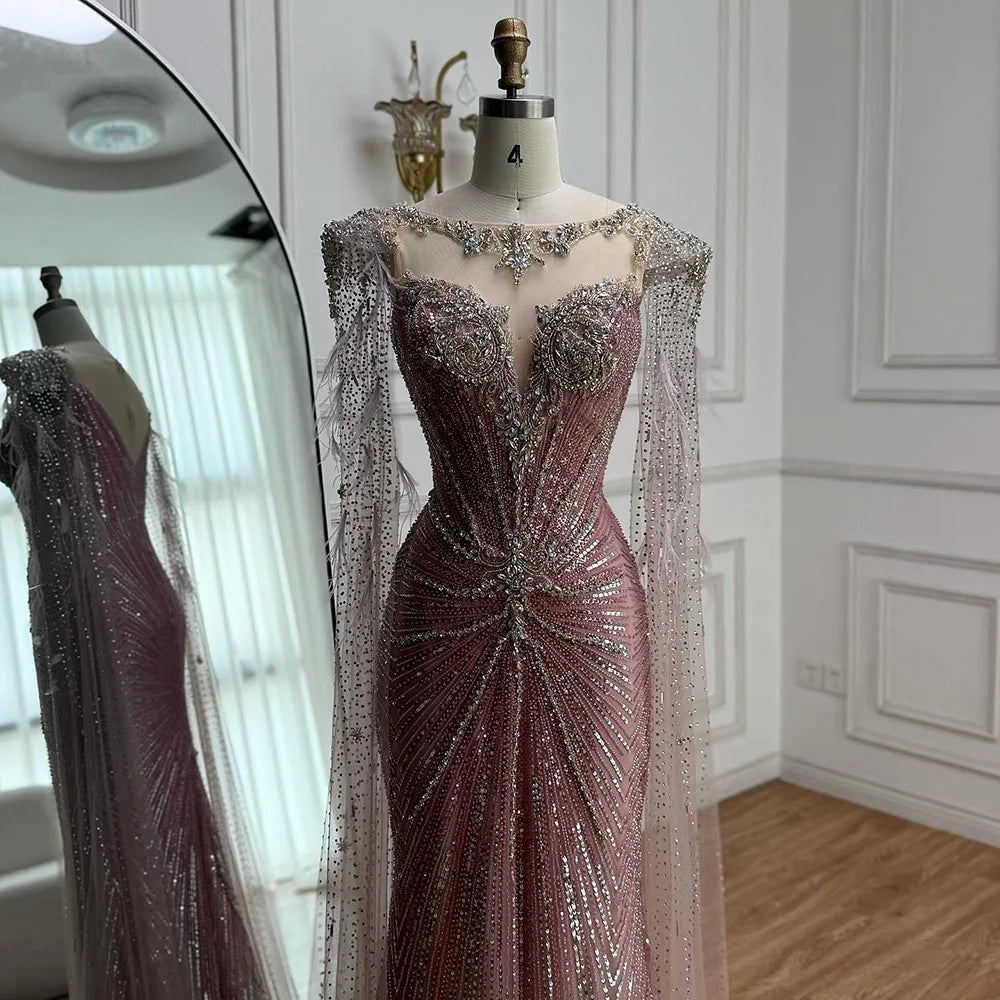 Luxury Pink Beaded Mermaid Evening Dress with Cape LA73106 - SERENE HILL