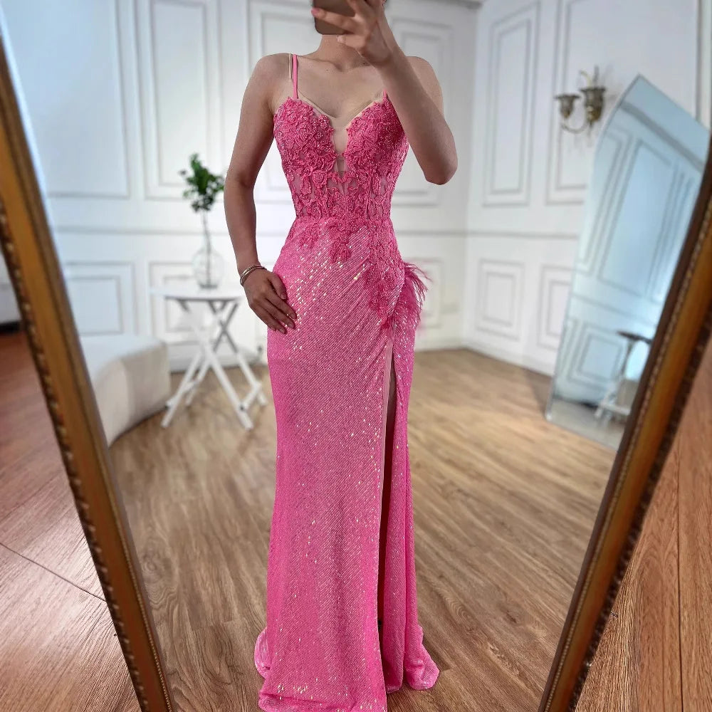Luxury Pink Feather Beaded Mermaid Prom Dress with Slit LA72987 - SERENE HILL