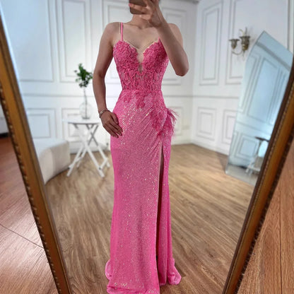 Luxury Pink Feather Beaded Mermaid Prom Dress with Slit LA72987 - SERENE HILL