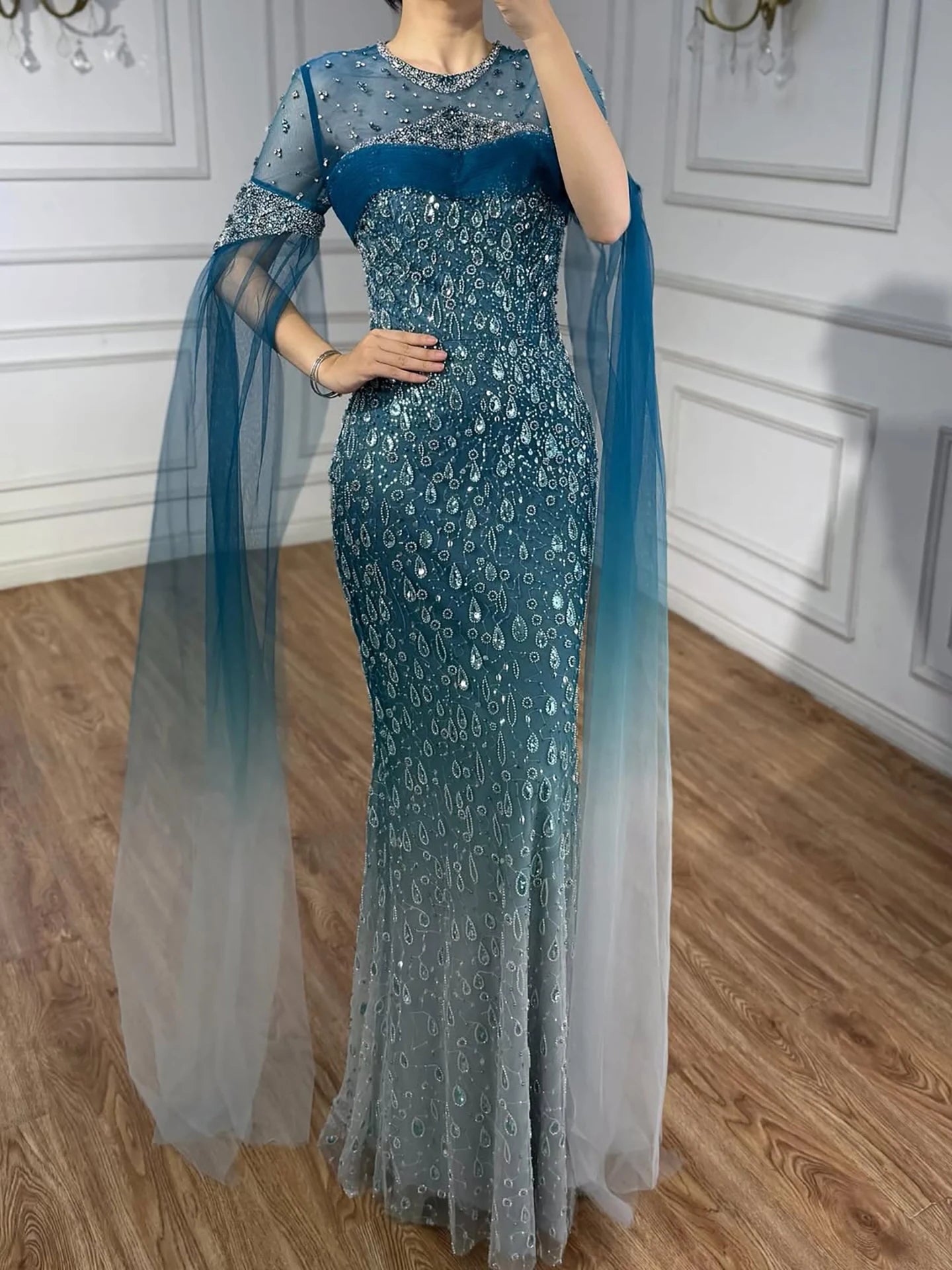 Luxury Arabic Gradient Green Mermaid Evening Dress With Cape LA73414 - SERENE HILL