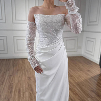 White Beaded Evening Dress with Detachable Sleeves LA72293A - SERENE HILL