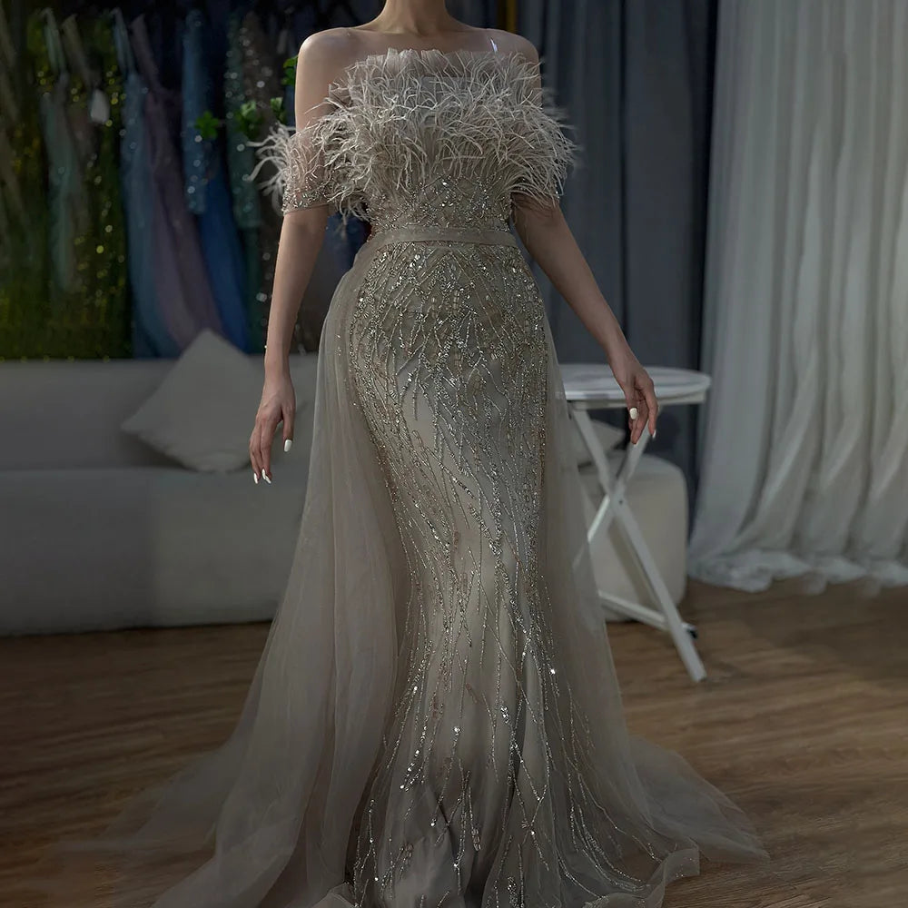Dubai Luxury Beaded Blue Mermaid Evening Dress Gown with Overskirt LA71634 - SERENE HILL