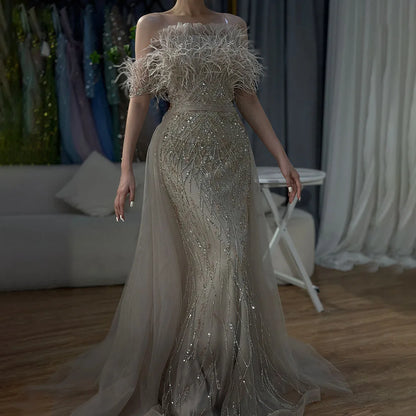 Dubai Luxury Beaded Blue Mermaid Evening Dress Gown with Overskirt LA71634 - SERENE HILL