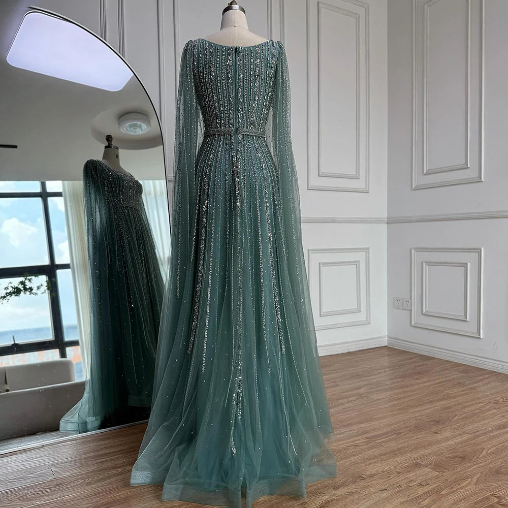 Luxury Dubai Square Neck Beaded Evening Gown with Cape LA73188 - SERENE HILL