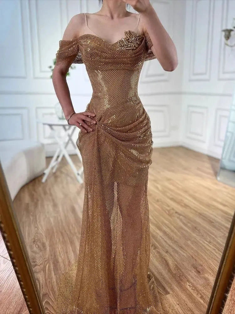 Elegant Nude Off Shoulder Beaded A-Line Evening Dress LA72807A - SERENE HILL