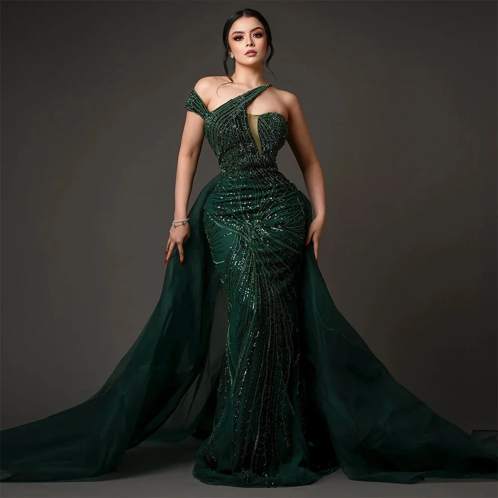Emerald Green Evening Dress with Overskirt Elegant One Shoulder LA72474 - SERENE HILL