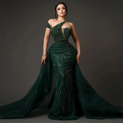 Emerald Green Evening Dress with Overskirt Elegant One Shoulder LA72474 - SERENE HILL