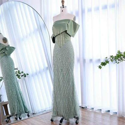 Sage Green Off Shoulder Tassel Beaded Mermaid Evening Dress LA73037 - SERENE HILL