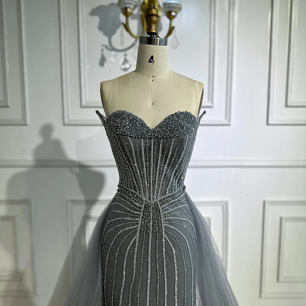 Pink Pearls Beaded Arabic Mermaid Evening Dress with Overskirt LA72811B - SERENE HILL