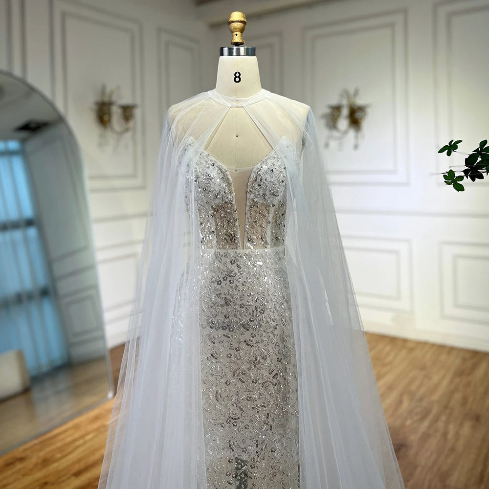 Luxury White Sequin Mermaid Evening Dress with Cape LA72996 - SERENE HILL