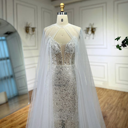 Luxury White Sequin Mermaid Evening Dress with Cape LA72996 - SERENE HILL