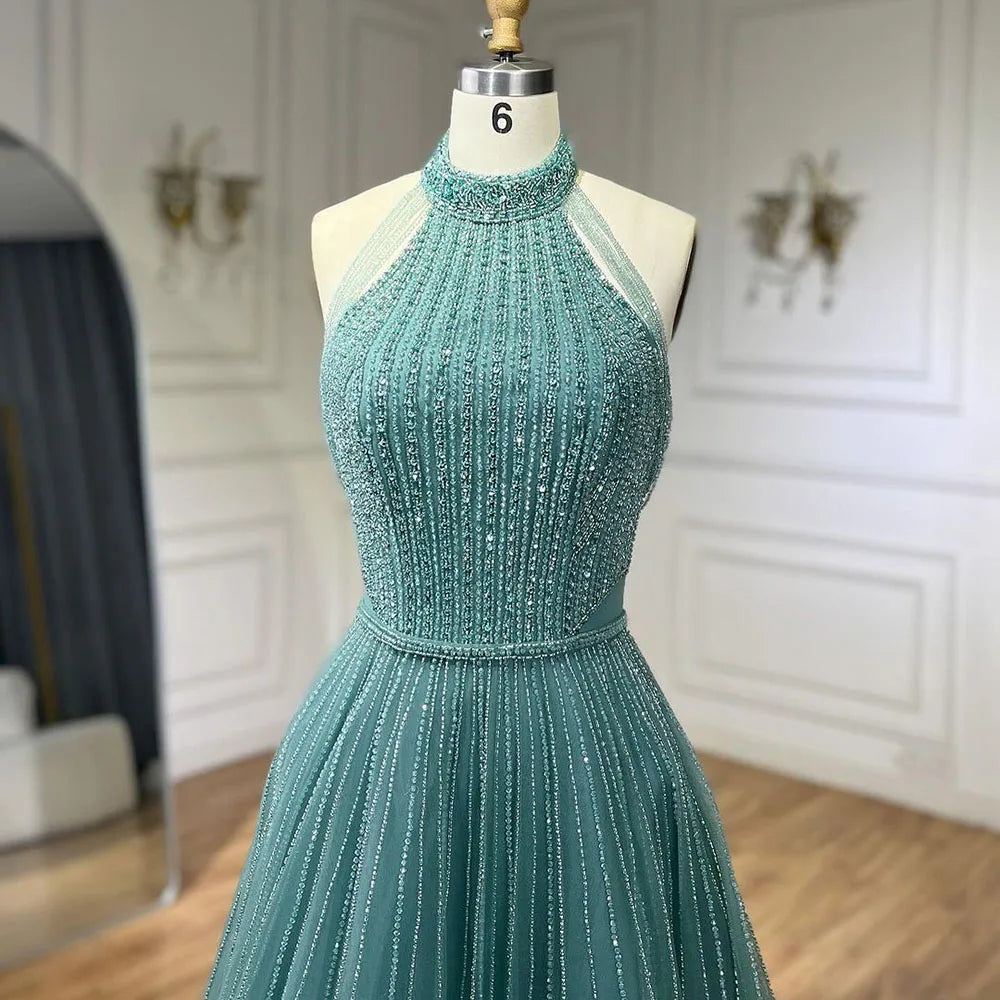 Luxury Arabic Blue Sequin Tassel Halter A Line Evening Dress LA72227 - SERENE HILL