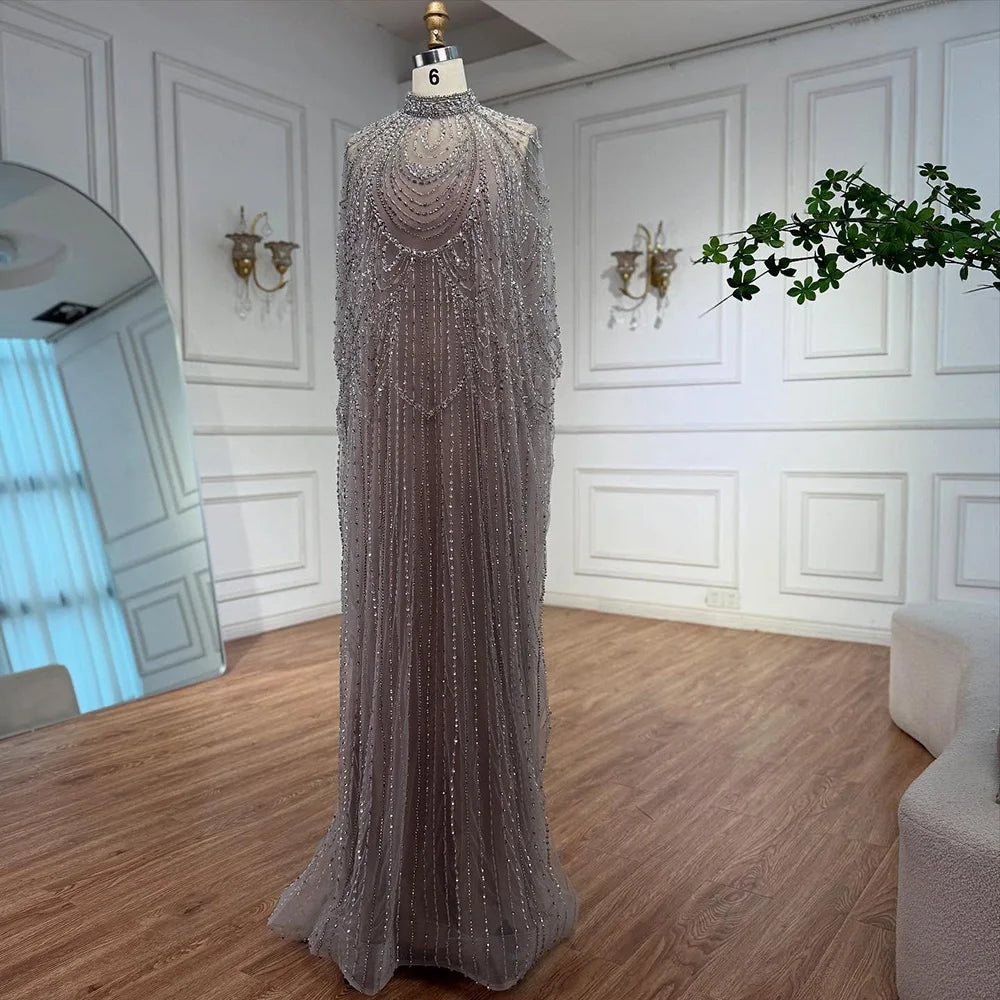Luxury Silver Nude Beaded Mermaid Evening Dress with Cape LA72484A - SERENE HILL
