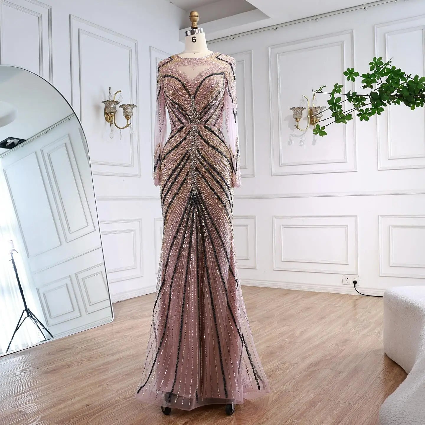 Luxury Pink Modest Dubai Mermaid Evening Dress Long Sleeevs 2026 LA73213 - SERENE HILL