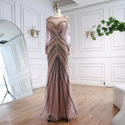 Luxury Pink Modest Dubai Mermaid Evening Dress Long Sleeevs 2026 LA73213 - SERENE HILL