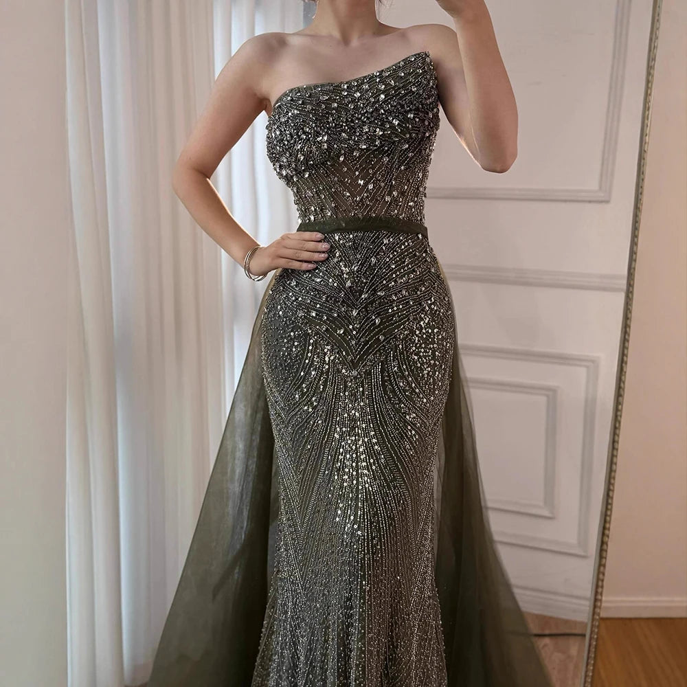 Luxury Olive Green Beaded Mermaid Evening Dress with Detachable