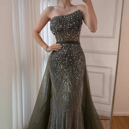 Luxury Olive Green Beaded Mermaid Evening Dress with Detachable Overskirt LA73164A - SERENE HILL