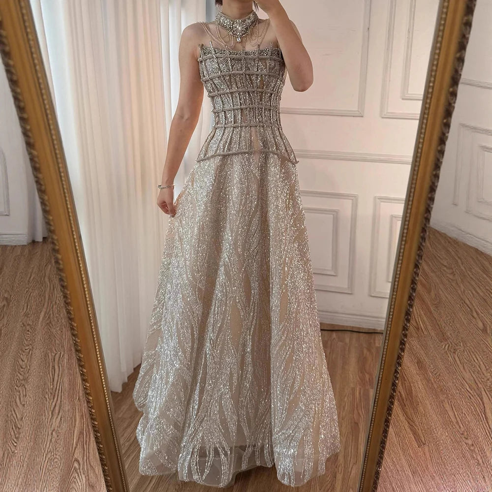 Luxury Nude Beaded A-Line Evening Dress for Women Formal Occasion LA73163 - SERENE HILL
