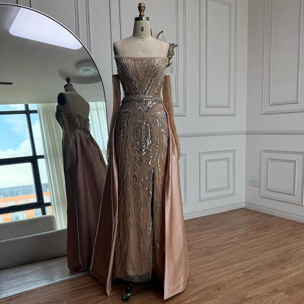 Luxury Wine Red Beaded Evening Dress Gown with Gloves and Overskirt LA72935 - SERENE HILL