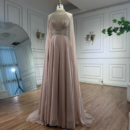Luxury Nude Chiffon Beaded Evening Dress with Cape LA73144 - SERENE HILL